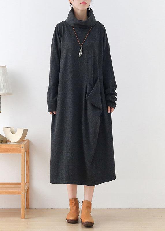 Art Grey Pockets Patchwork Fall Long Sleeve Robe Dresses