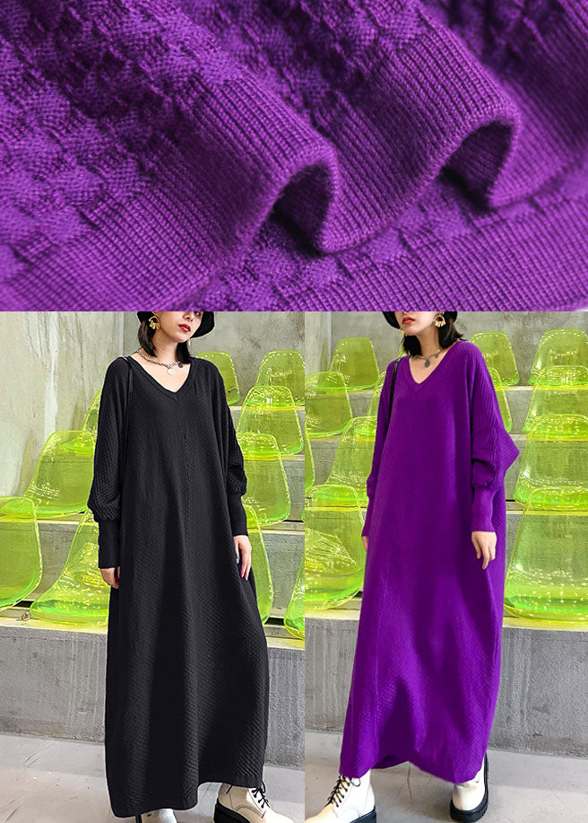 Art Purple V Neck Loose Casual Fall Long Knit Dress